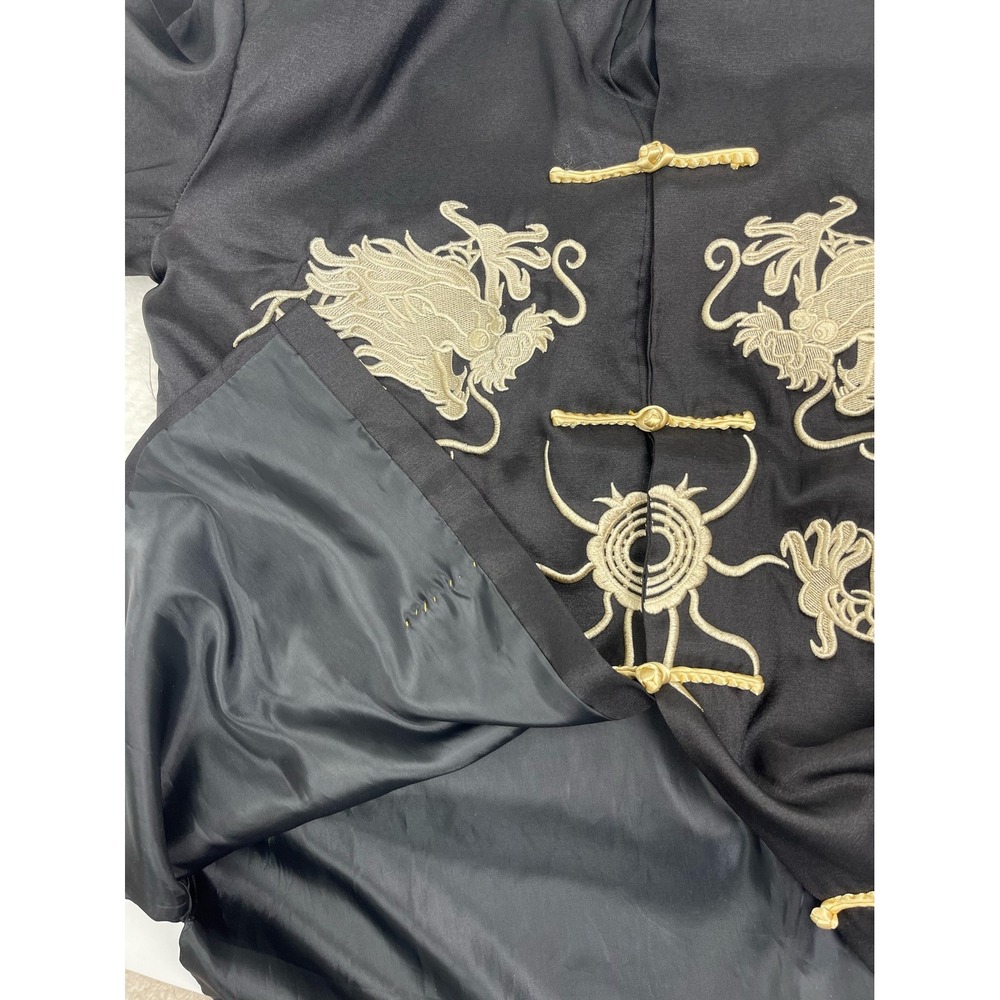 Dragon Embroidered Mandarin Collar Jacket Asian Style Black Gold Trim - Picture 11 of 12